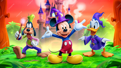 Mickey mouse and mickey mouse are running in front of a castle animation graphic design logo motion graphics