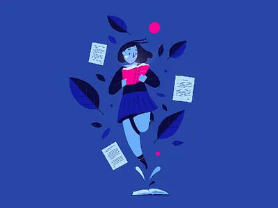 Books & Plants 2d blue books character cute girl girl illustration leaves pink plants reading