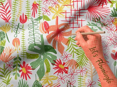 let's flamingle vector tropical collection floral pattern greeting card pattern design pink flamingo print design seamless pattern surface design tropical leaves flowers vector illustration vector pattern