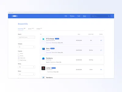 ICOs bitcoin cards crypto currency ico interface list page ui web website