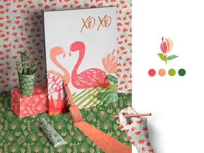 let's flamingle vector tropical collection floral pattern greeting card pattern design pink flamingo print design seamless pattern surface design tropical leaves flowers vector illustration vector pattern