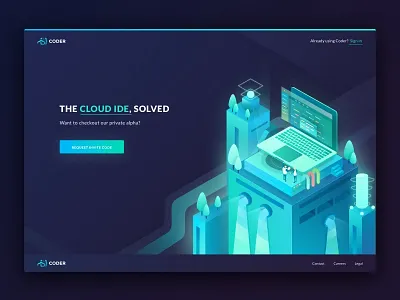 Coder.com Coming Soon Illustration building coding coming soon illustration isometric landing laptop technology ui website