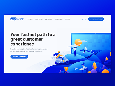 UserTesting Homepage Rebrand blue character create experience homepage illustration journey moped user experience usertesting vespa