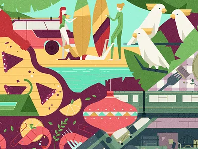 Escape The Commute character editorial food graphic illustration parrot people scene surf transport vector