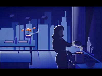 Cooking at Night assistant drone flat grain illustration night noise texture vector