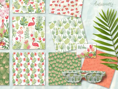 let's flamingle vector tropical collection floral pattern greeting card pattern design pink flamingo print design seamless pattern surface design tropical leaves flowers vector illustration vector pattern