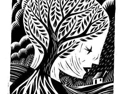 The Mind bw conceptual illustration landscape lino linocut negative space print tree