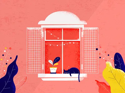 Kitter Nap building cat cat nap flat illustration line pattern plants shadow texture wall window