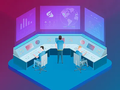 Managed Services isometric illustration control room hologram illustration isometric people screen server