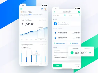 Fiskl mobile application for business app application mobile chart crm sme finance clean modern minimal dashboard graph bar chart finance revenue profit invoicing quotes expenses ios x time tracking stopwatch money stats management