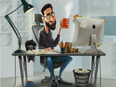 Ready, steady, work cartoon character designer dog funny illustration man puppy workplace