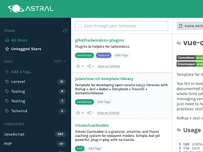 Astral UI Refresh dashboard github sidebar stars tags ui web