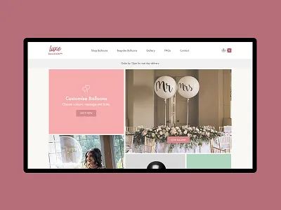 Luxe Balloons bespoke home landing minimal san serif shop simple ui ux website