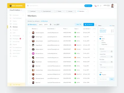 Members List clean dashboard filters graph gym member minimal report ui ux