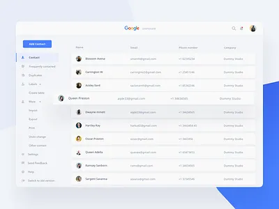Google Service Dashboard Concept - Contact blue card clean contact dashboard desktop google people ui upgrade ux white