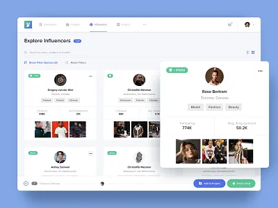 Voicey Explore Influencers browse card grid grid view influencer marketing profiles search tool