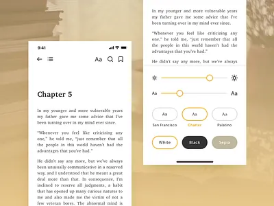 Book Reader App Redesign - Reader View & Settings app clean concept design flat interface ios iphone minimal mobile sketch