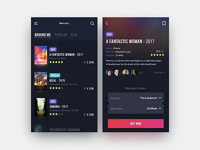 Movie tickets app cinema dark list mobile movie ticket ui ux