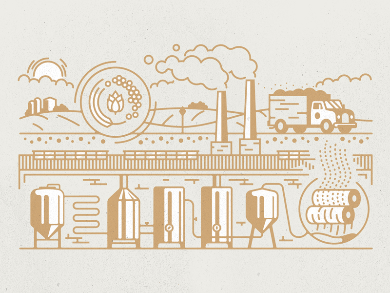 Gobragh: brewing process beer brewery craft drink factory field hops illustration poster stroke tank truck