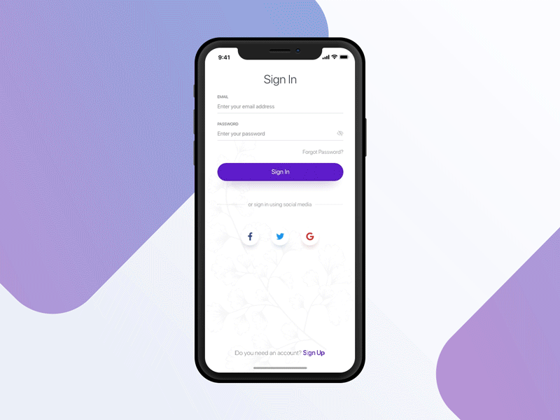 Blossom App: Login Flow blossom iphone x login native plant app principle prototype purple sketch ui