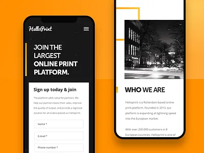 Helloprint | Onboarding Landing Page | Mobile black helloprint join landing onboarding page ui ux white yellow