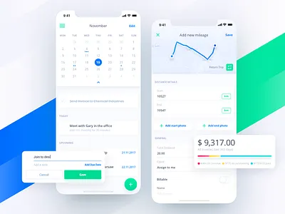 Fiskl mobile application for business app application mobile calendar list graph bar chart clean modern minimal crm sme finance finance revenue profit invoicing quotes expenses ios x map mileage tracking money stats management task manager to do list fab
