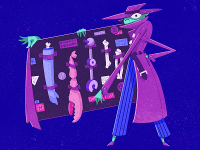 Arms Dealer alien arm character creature design grit illustration merchant shop texture trenchcoat weapon