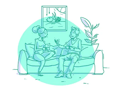 People at home chat drawing home illustration interior line people picture room sketch sofa talk