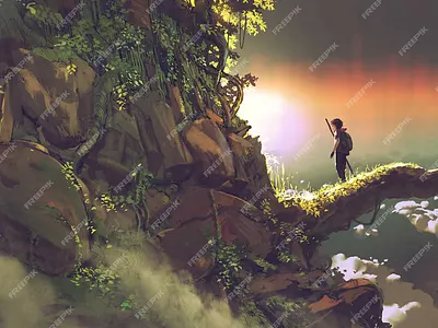 Man standing on a giant branch looking at sunset on the horizon 3d animation graphic design illustration painting motion graphics