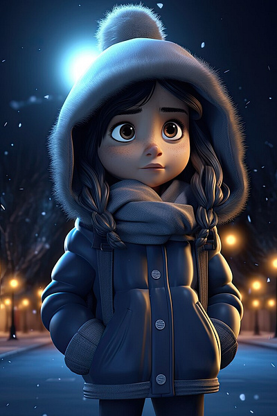 Front view little girl winter season 3d animation graphic design logo motion graphics