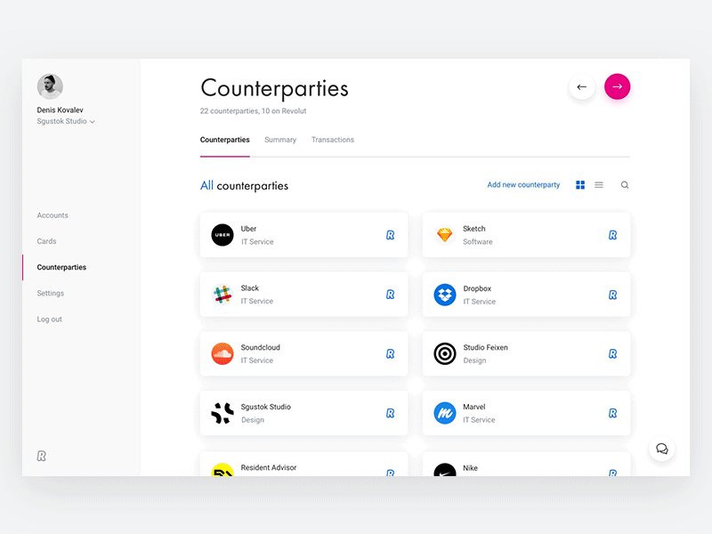 Counterparties — Dashboard account business counterparties counterparty dashboard desktop finance minimal money user experience user interface webdesign