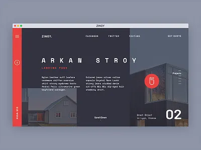 Zingy. Landing page concept. dark design estate landing red squares typography ui ux