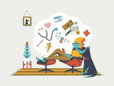 Joany and Trooper bills cellphone dog eames chair health illustration joany medical medicine mid century modern plant texture