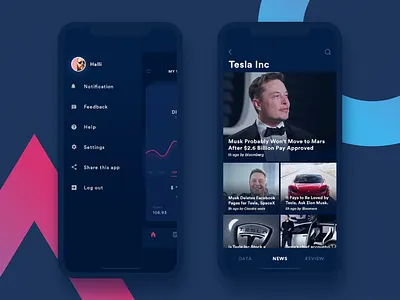 📱sidebar & news feedback design help menu inspiration x stock iphone app iphonex dark minimal profile side notification sidebar cards tesla bar graph charts ui ux