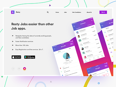 Job app Landing page app candidate download gradient hire job landing page mockup screens search. ui web