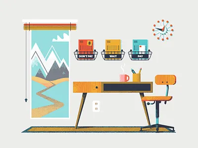 Joany's Office bills bubble clock illustration kevi chair landscape mid century modern mountains office window