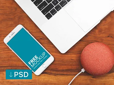 iPhone Mockup and Macbook On A Wooden Desk apple free high resolution iphone mock up mockup photorealistic photoshop psd workspace