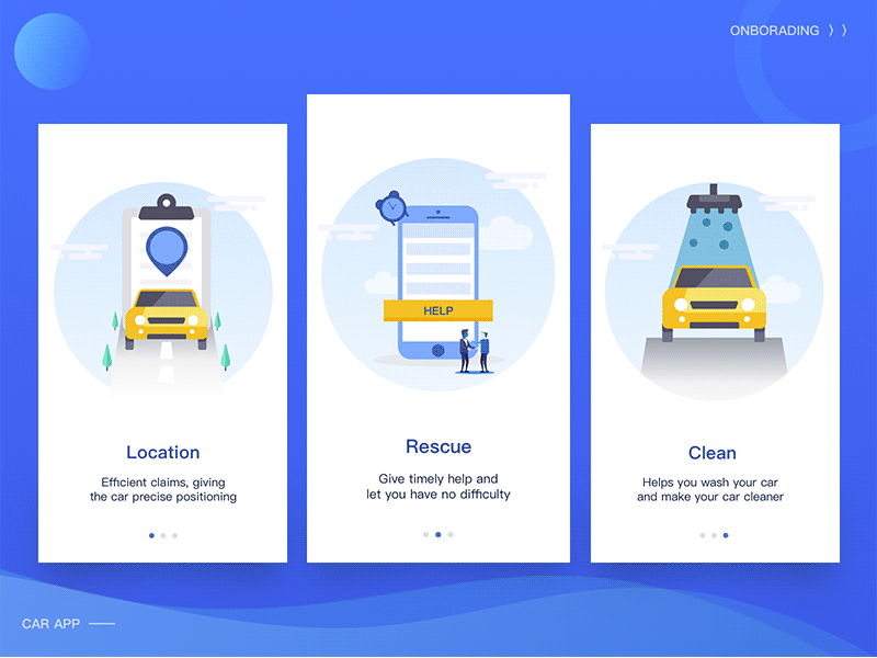 This is a project about cars ae car clean help illustration onborading positioning