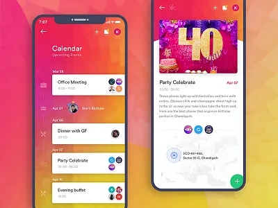 Events App birthday calendar color bg colorful dinner events font iphone x party pink yellow profile upcoming