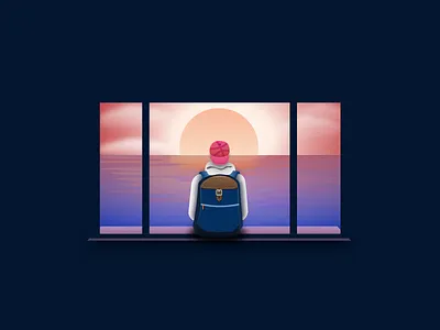 Thinking Cap backpack cap illustration peace playoff sea stickermule sun sunset travel wanderlust window