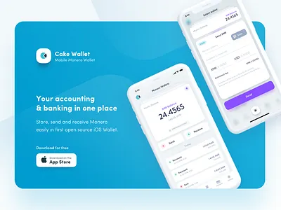 CakeWallet Landing app bitcoin blue clean crypto cryptocurrency currency electrum ios monero money wallet