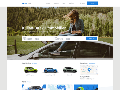YOYO Car Club "Updates" blue flat header layout search ux