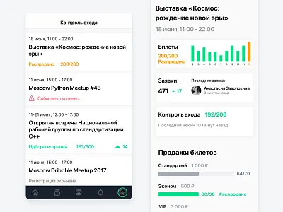 Evendate iOS app: organizer section card cards chart event events ios preview sales status tabbar tickets