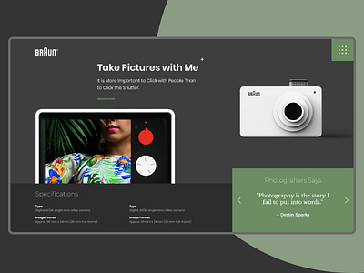 Header exploration with BRAUN camera design designer flat header hire interface landing page product ui ux xd