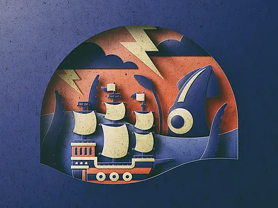 Surprise Attack! attack lightning ocean paper pirate san diego sea ship squid storm tentacle waves