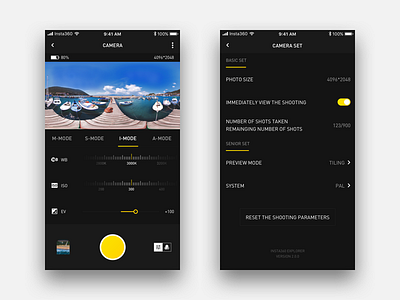 Insta360 Explorer Camera and Set 360 app camera insta360 mobie panorama photo product spherical ui ux vr
