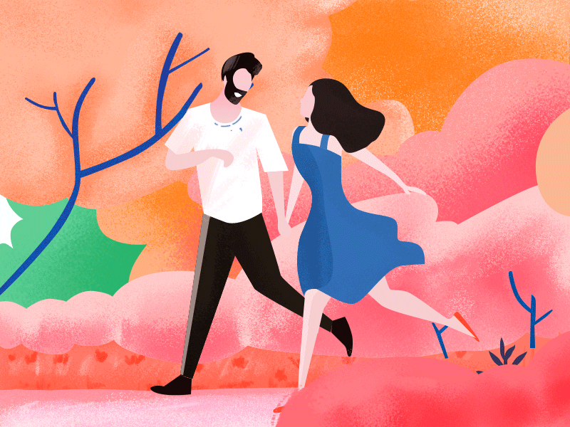 Love Overture - spring breeze blowing animation bouquet character illustration jungle lady love men painter pink retro valentines