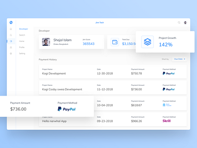 Developer Payment History Dashboard clean profile clean ui developer directory developer profile developer search developer ui hire developer