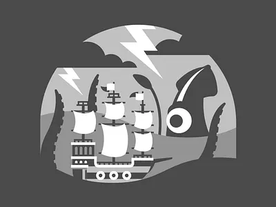 Suprise Attack! - Flat Process kraken lightning ocean paper pirate san diego sea ship squid storm tentacle waves