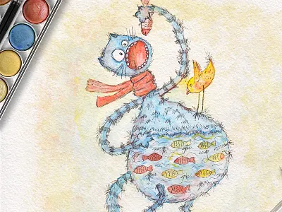 Сhildren's illustration about a cat of a glutton book cat character design hand drawn illustration kids picture watercolor сhildrens